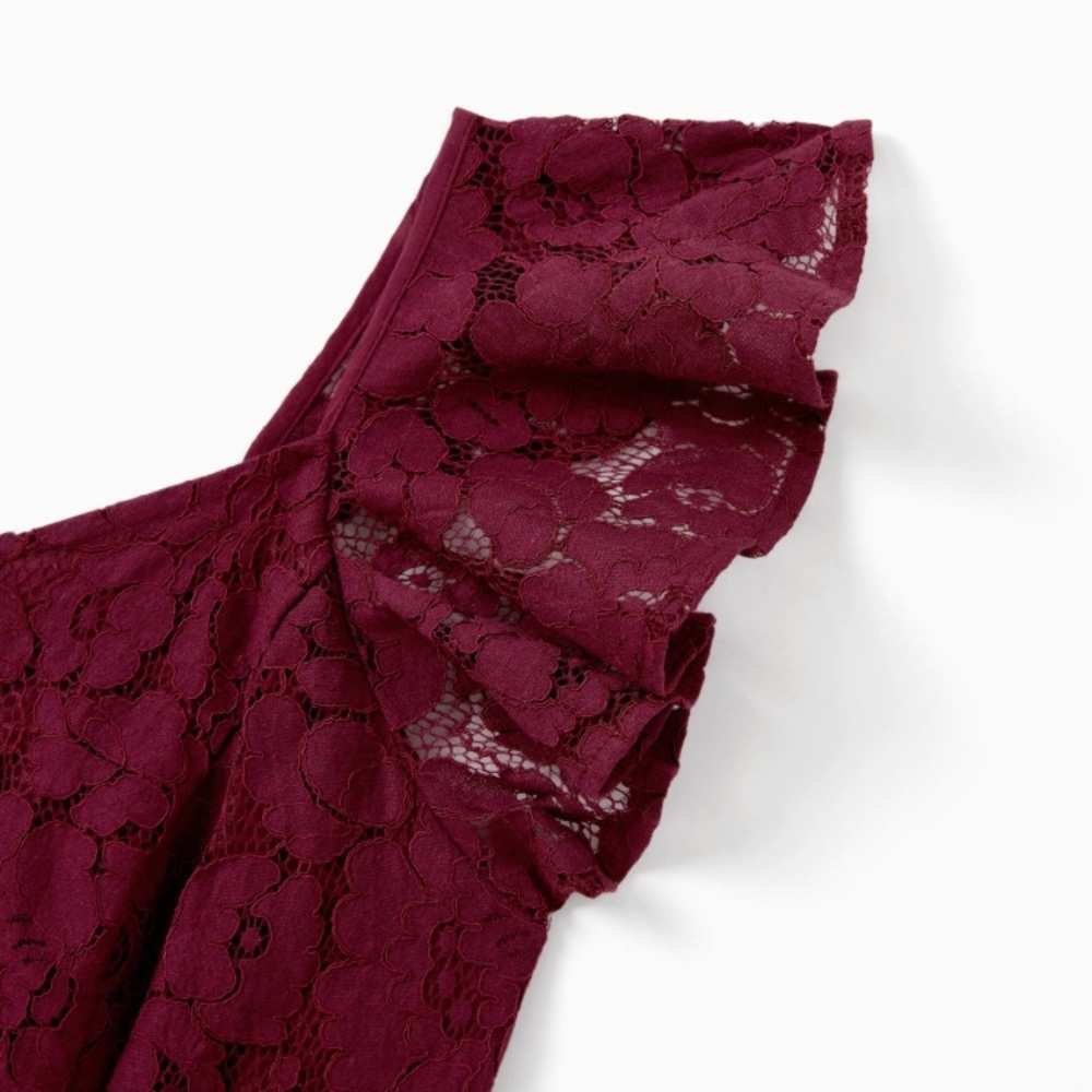 Wine Red A-Line Dress Lace Ruffle Sleeve, Women XL. - Picture 4 of 10